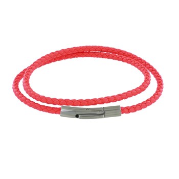 Bracelet Homme Double Tour Cuir Tréssé Rond pour Poignet 19cm - Rouge Geranium