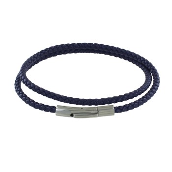 Bracelet Femme Double Tour Cuir Tréssé Rond pour Poignet de 18cm - Bleu Nuit