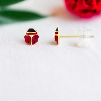 Boucles d'Oreilles Or 18 Carats 750/000 Jaune - Coccinelles - Enfant