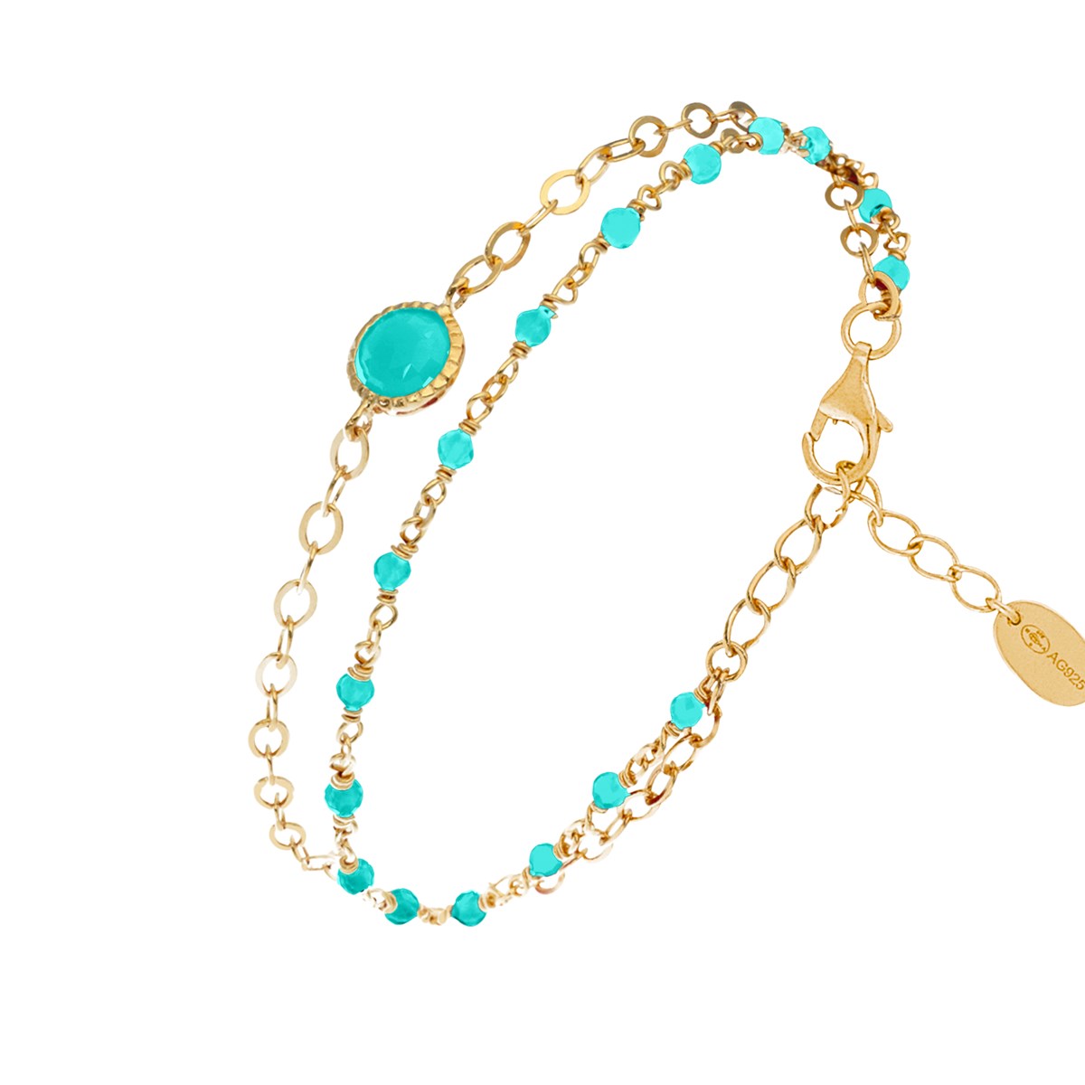 Bracelet En Argent Doré Double Chaine Pierres Naturelles Amazonite Médaillon Amazonite