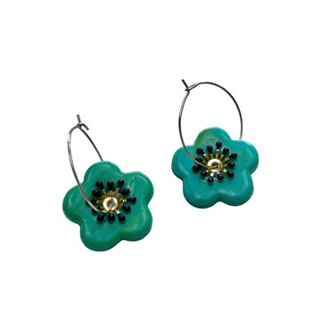 Boucles d'oreilles, créoles fleur verte - Modèle fait main