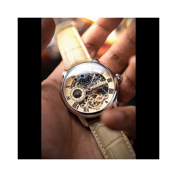 Montre homme - Bracelet cuir véritable beige - Mouvement automatique