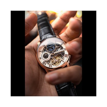 Montre homme - Bracelet cuir véritable noir - Mouvement automatique