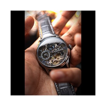 Montre homme - Bracelet cuir véritable gris - Mouvement automatique