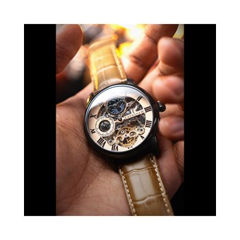 Montre homme - Bracelet cuir véritable marron - Mouvement automatique
