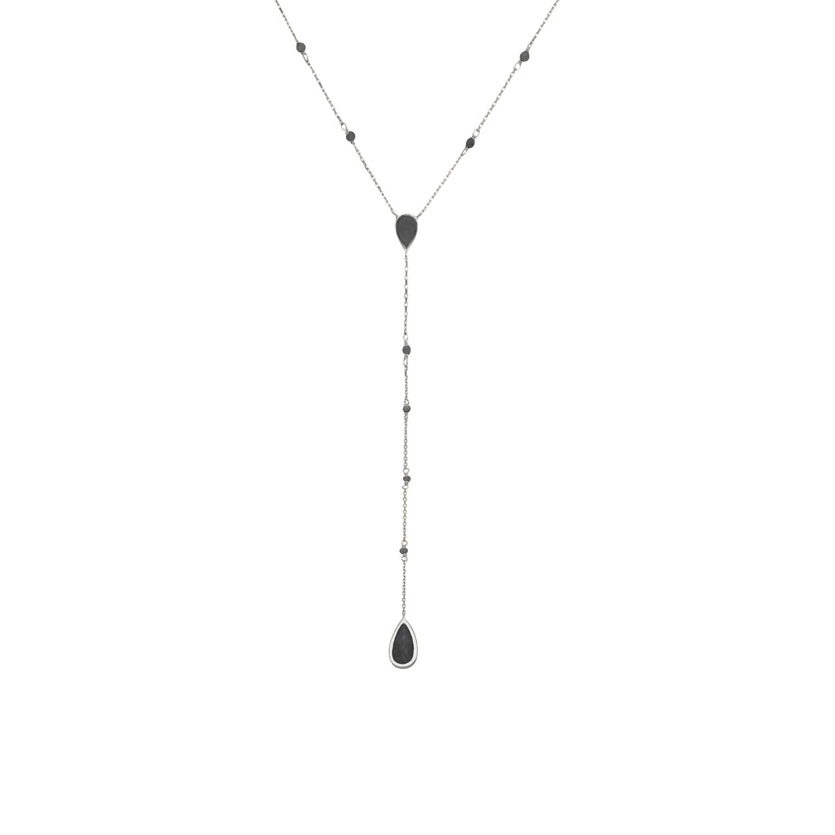 Collier Argent Rhodié Cravate Pierres Spinelle Noire