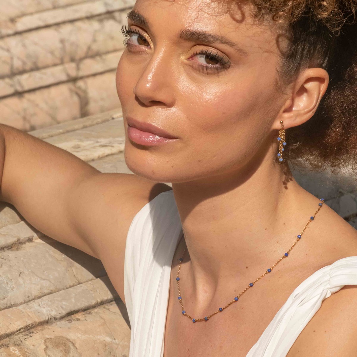Collier, bracelet et boucles d'oreilles Elyssa en pierres Lapis-lazuli - vue 3