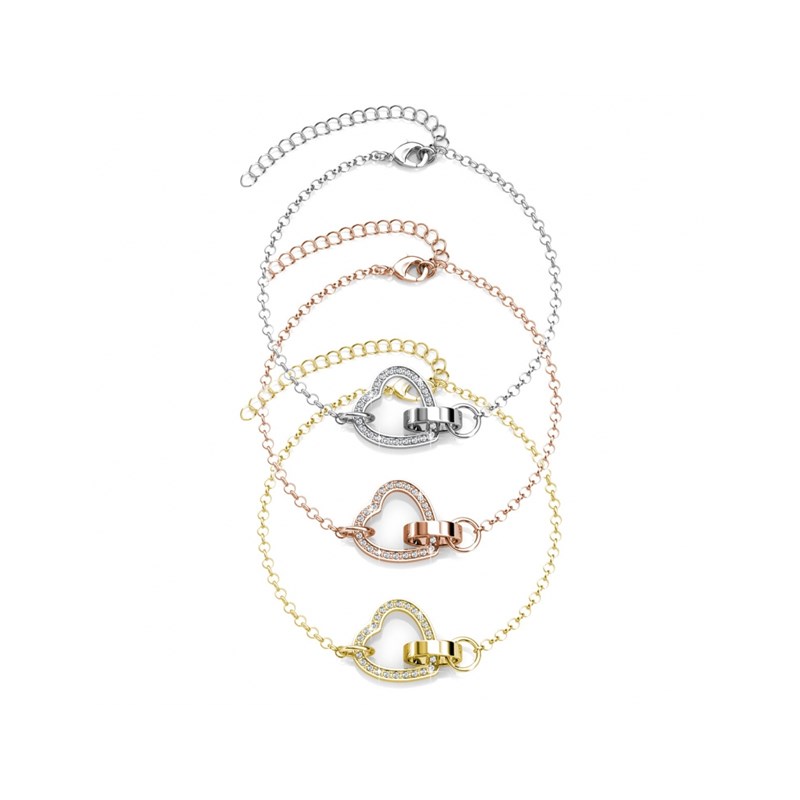 Lot de 3 Bracelets Locked Heart - Argenté, Doré, Or Rosé et Cristal