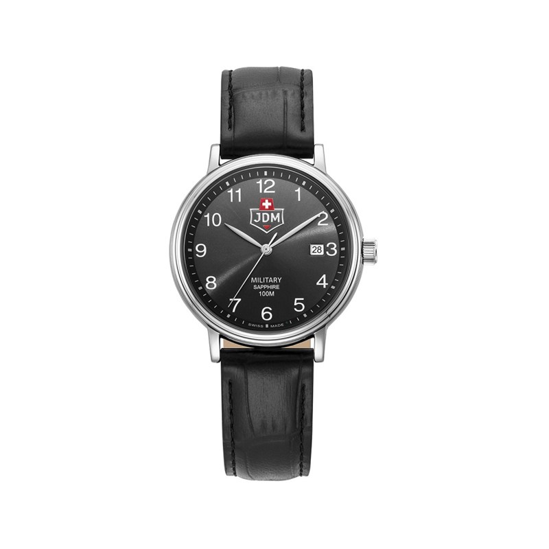KILO - Boitier argenté - Bracelet cuir noir - Cadran noir - Montre homme