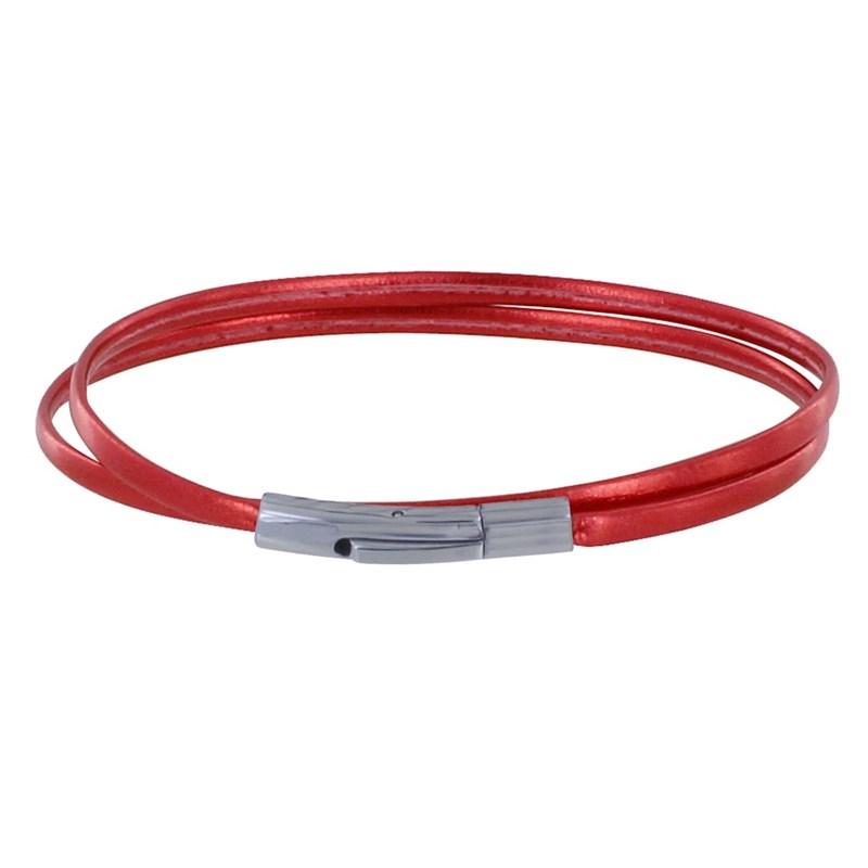 Bracelet Femme Double Tour Cuir Plat Brillant pour Poignet de 18cm - Rouge