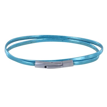 Bracelet Femme Double Tour Cuir Plat Brillant pour Poignet de 18cm - Bleu ciel