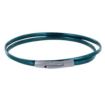 Bracelet Femme Double Tour Cuir Plat Brillant pour Poignet de 18cm - Bleu Vert