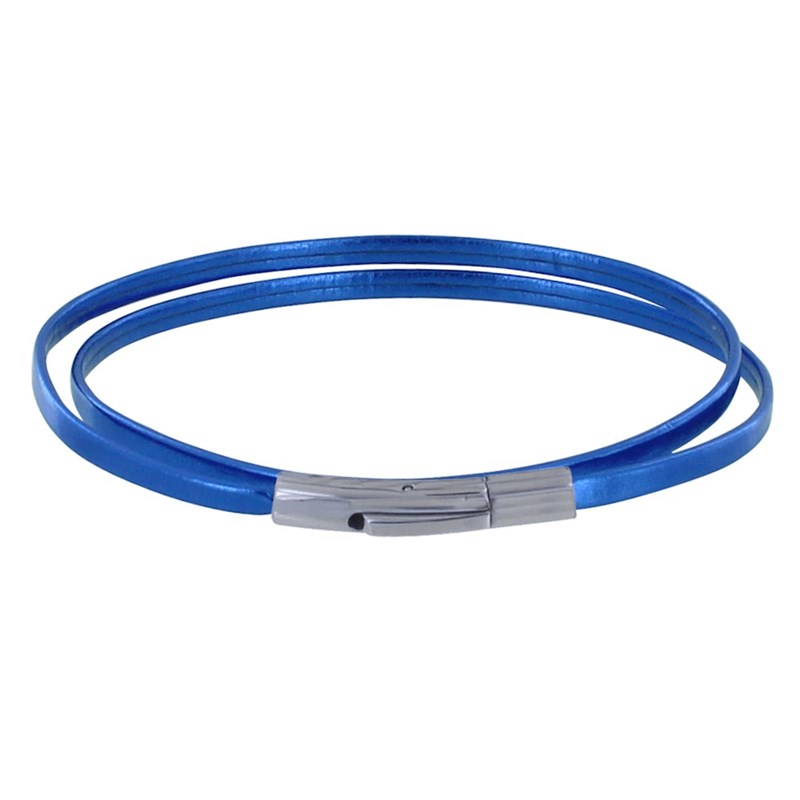 Bracelet Femme Double Tour Cuir Plat Brillant pour Poignet de 18cm - Bleu