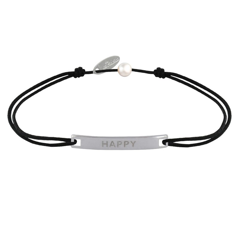 Bracelet Lien Plaque Incurvé en Argent 925 Gravé Happy - Noir