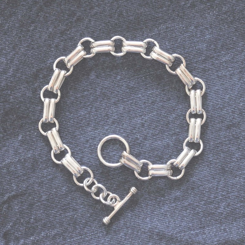 Bracelet Argent 925 Double Maillons Plat et Ronds Fermoir T - vue 3