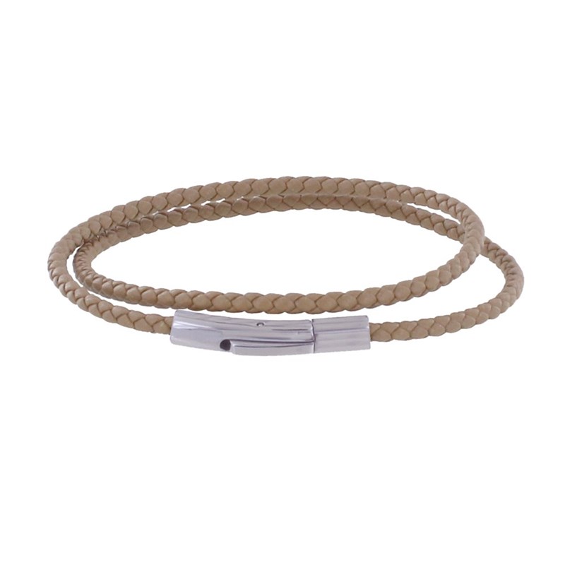 Bracelet Homme Double Tour Cuir Tréssé Rond pour Poignet 19cm - Marron