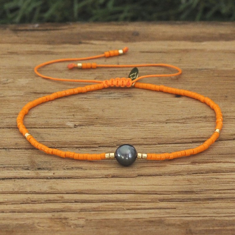 Bracelet Lien Perle d'Eau Douce Noire et Petites Perles Mates - Turquoise - vue 4