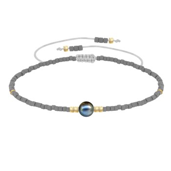 Bracelet Lien Perle d'Eau Douce Noire et Petites Perles Mates - Gris