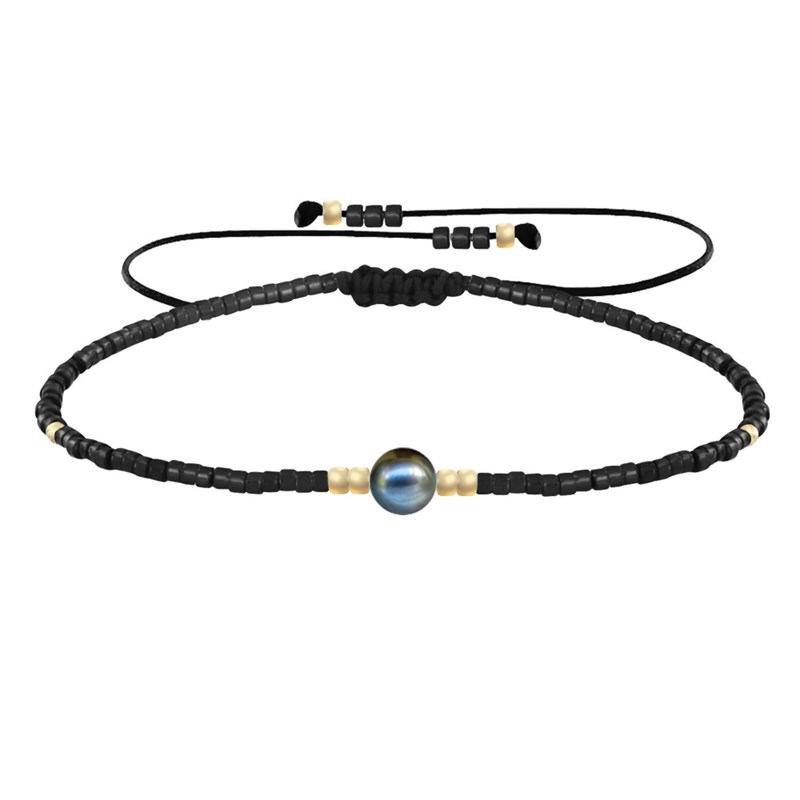 Bracelet Lien Perle d'Eau Douce Noire et Petites Perles Brillantes - Noir