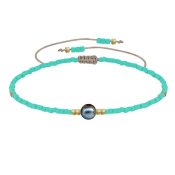 Bracelet Lien Perle d'Eau Douce Noire et Petites Perles Mates - Vert d'Eau