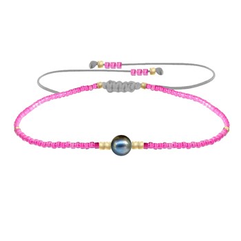 Bracelet Lien Perle d'Eau Douce Noire et Petites Perles Brillantes - Rose Fluo