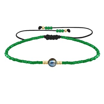 Bracelet Lien Perle d'Eau Douce Noire et Petites Perles Brillantes - Vert Foncé