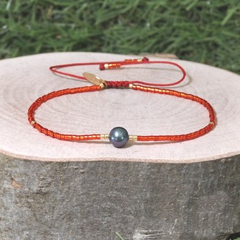 Bracelet Lien Perle d'Eau Douce Noire et Petites Perles Brillantes - Vert Foncé