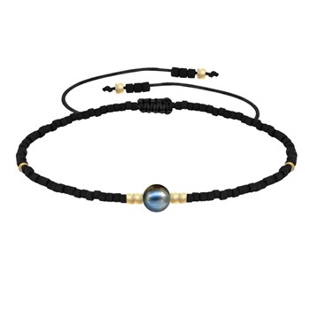 Bracelet Lien Perle d'Eau Douce Noire et Petites Perles Mates - Noir