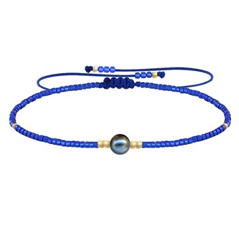 Bracelet Lien Perle d'Eau Douce Noire et Petites Perles Brillantes - Bleu