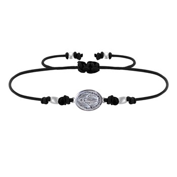 Bracelet Lien Médaille Argent 925 Ovale Vierge Miraculeuse - Noir