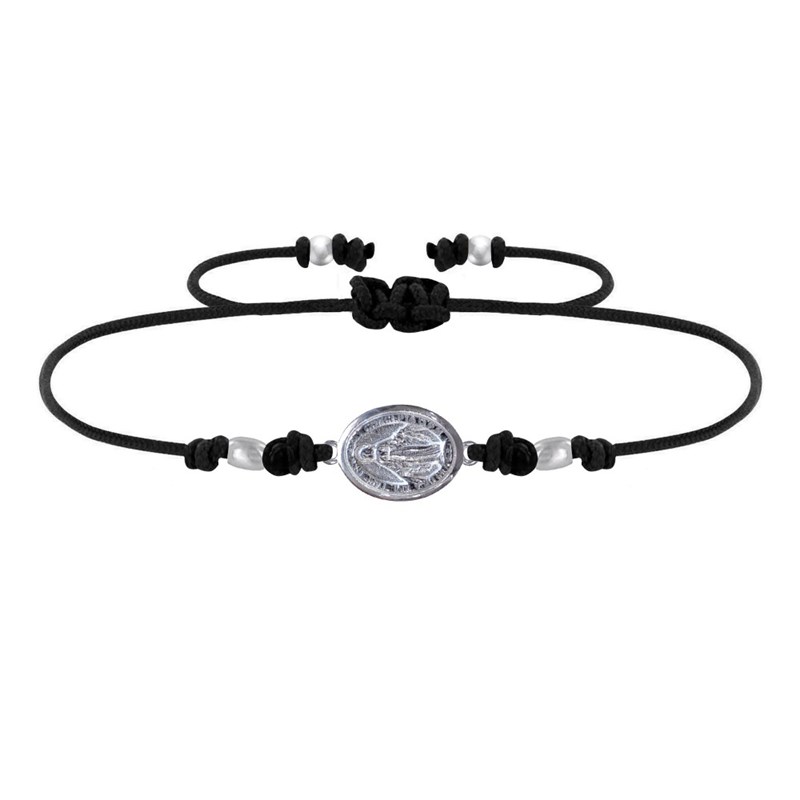 Bracelet Lien Médaille Argent 925 Ovale Vierge Miraculeuse - Noir