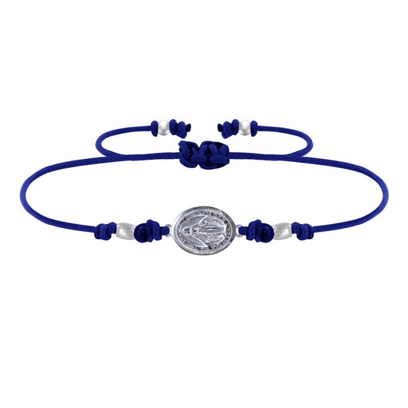 Bracelet Lien Médaille Argent 925 Ovale Vierge Miraculeuse - Bleu Navy