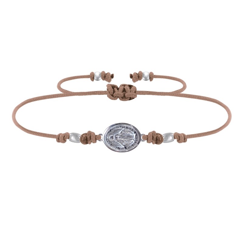 Bracelet Lien Médaille Argent 925 Ovale Vierge Miraculeuse - Marron clair
