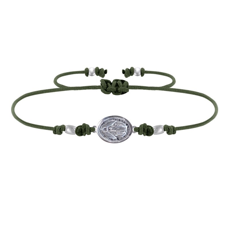 Bracelet Lien Médaille Argent 925 Ovale Vierge Miraculeuse - Vert kaki