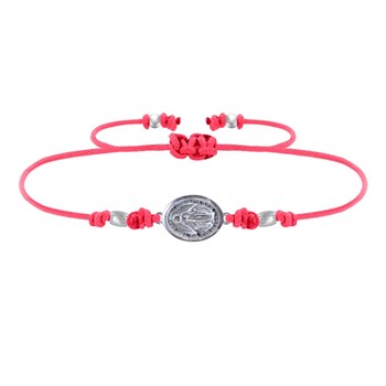 Bracelet Lien Médaille Argent 925 Ovale Vierge Miraculeuse - Rouge Fluo