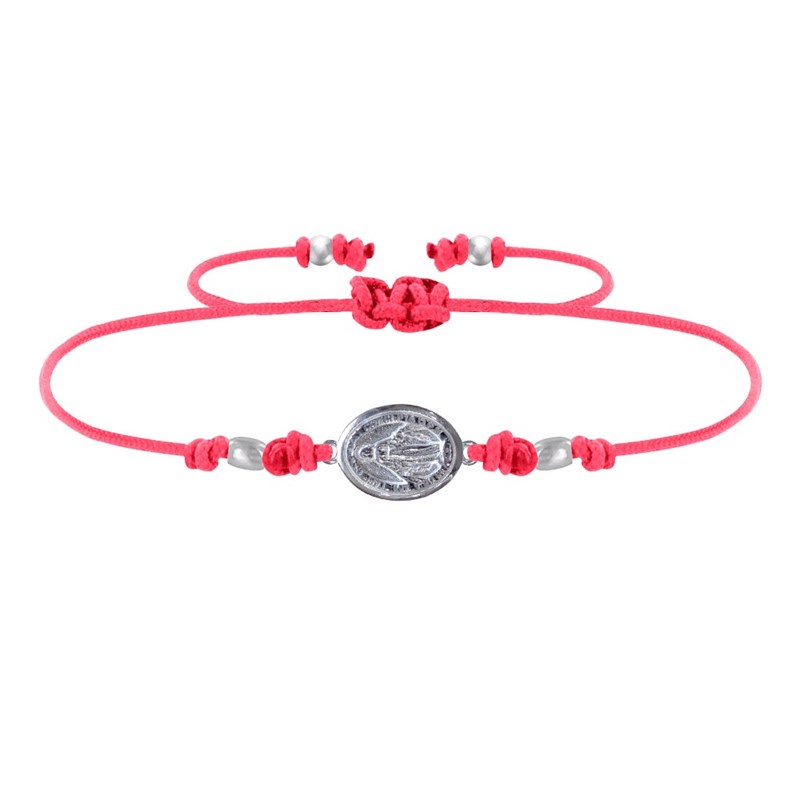 Bracelet Lien Médaille Argent 925 Ovale Vierge Miraculeuse - Rouge Fluo