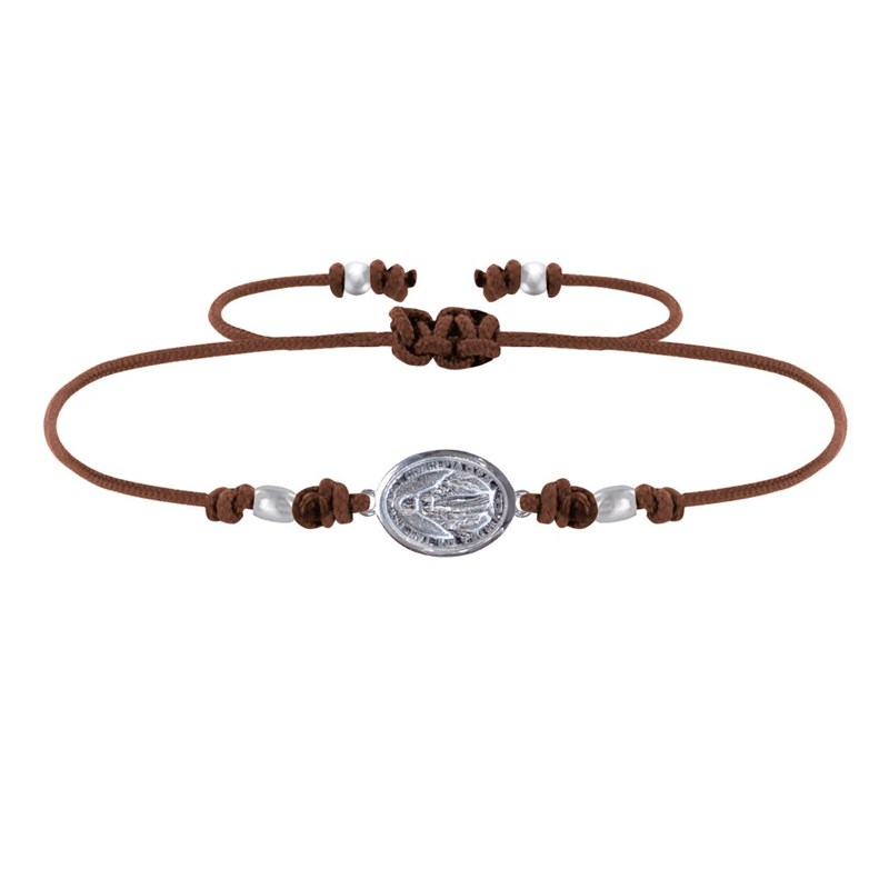 Bracelet Lien Médaille Argent 925 Ovale Vierge Miraculeuse - Marron foncé