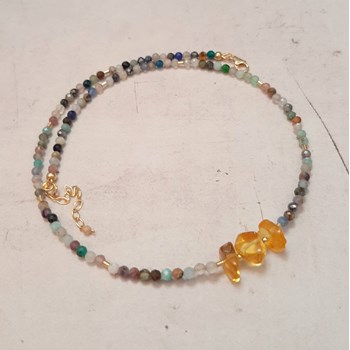 Collier Pierres Naturelles et Ambre Baroque en Argent Doré