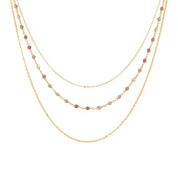 Collier Argent Doré Triple Collier Petite Perles Pierre Quartz Rose Fraise