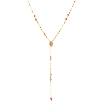 Collier En Argent Cravate Doré Pierre Naturelle Quartz Rose Fraise