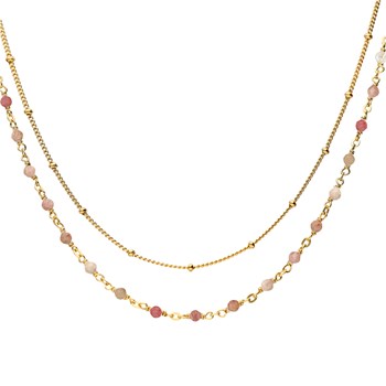 Collier Argent Doré Double Chaine Et Pierres Naturelles Quartz Rose Fraise