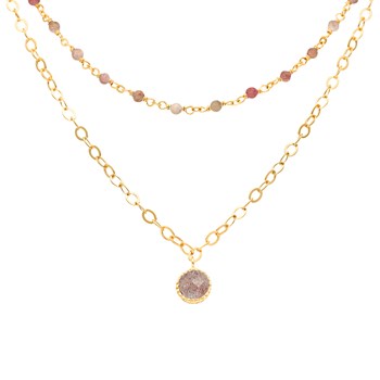 Collier Argent Doré Double Chaine Pampille Et Pierres Quartz Rose Fraise