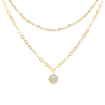 Collier Argent Doré Double Chaine Pampille Et Pierres Labradorite