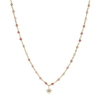 Collier Argent Doré étoile En Zirconium Blanc Et Perles Naturelles Quartz Rose Fraise