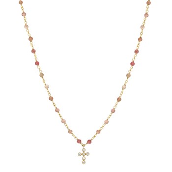 Collier Argent Doré Croix En Zirconium Blanc Et Pierres Quartz Rose Fraise
