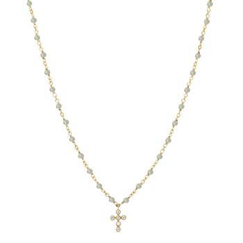 Collier Argent Doré Croix En Zirconium Blanc Et Pierres Labradorite