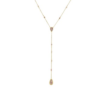 Collier Argent Doré Cravate Pierres Quartz Rose Fraise
