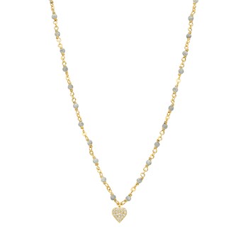 Collier Argent Doré  Coeur Diamanté Et Pierres Labradorite