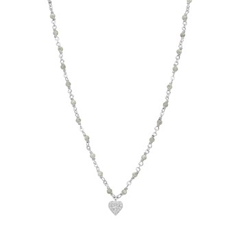 Collier Argent Rhodié Coeur Diamanté Et Pierres Labradorite