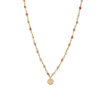Collier Argent Doré Médaillon Serti Blanc Et Pierres Quartz Rose Fraise